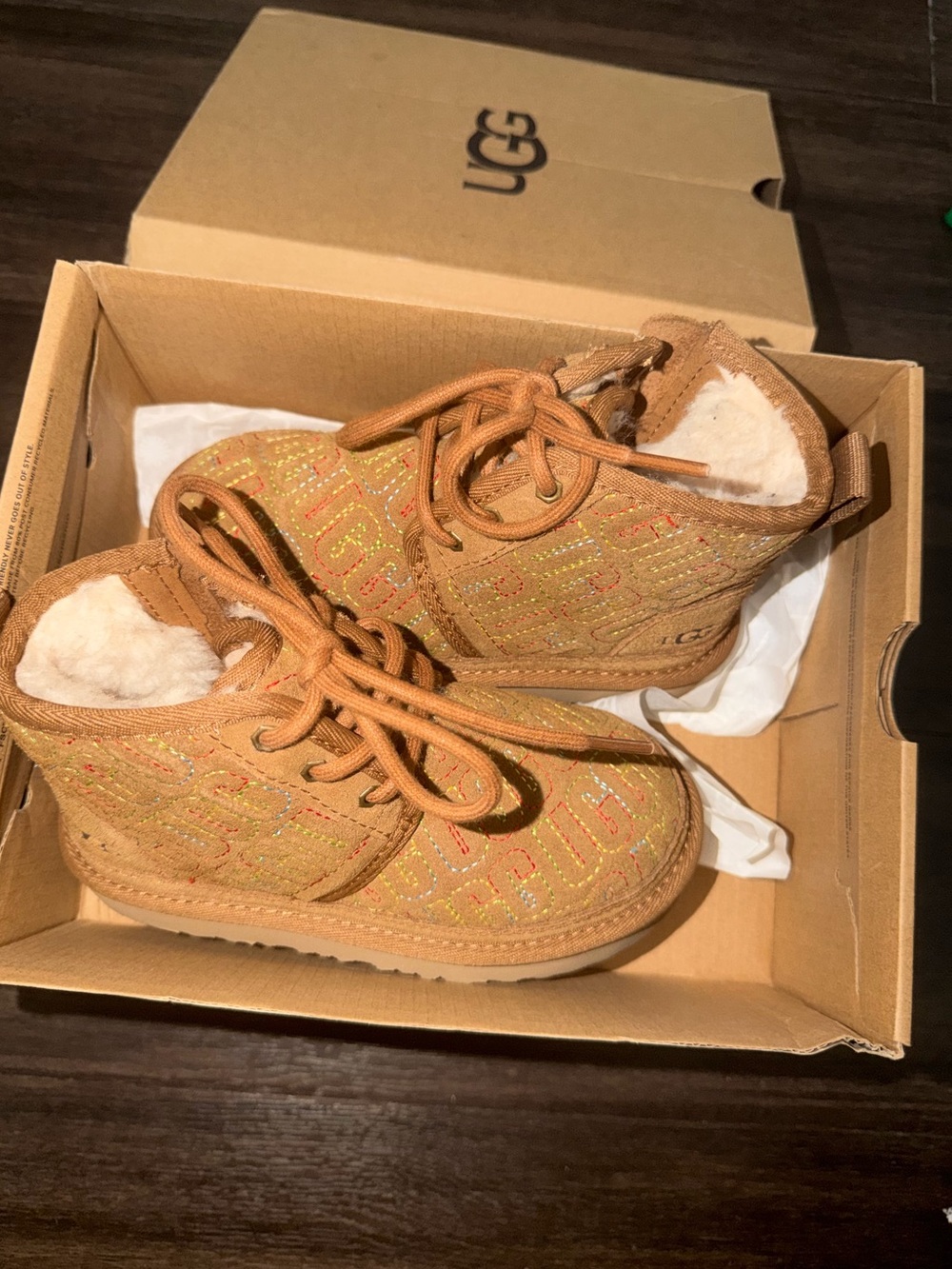 UGG Kids Chestnut Embroidered Lace-Up Shearling Boots (Gender Neutral)
